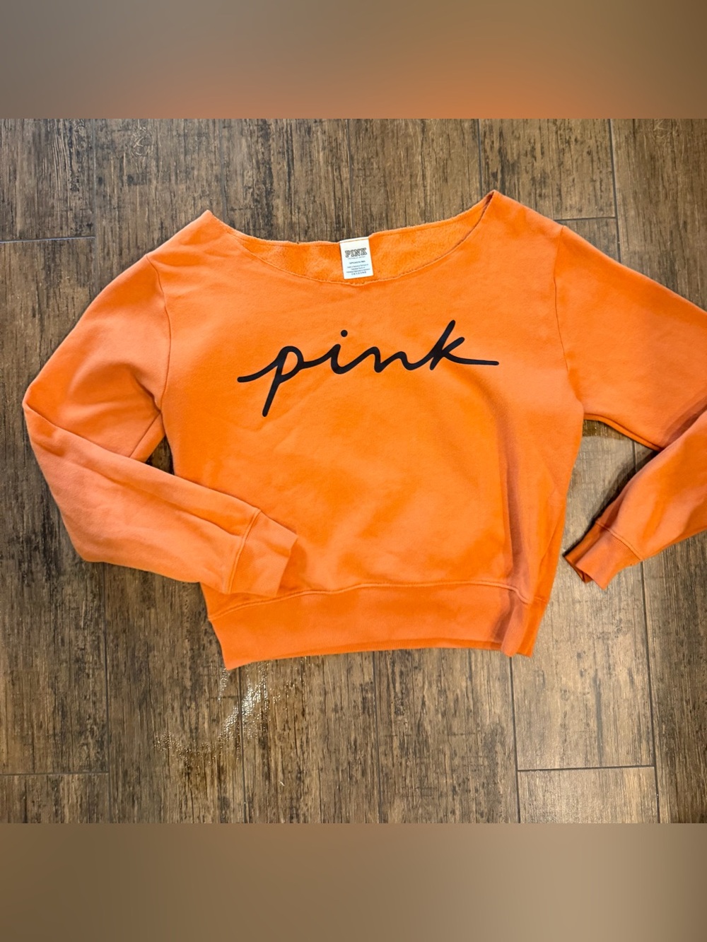 Victoria’s Secret PINK Orange Crewneck Sweatshirt  Logo script off shoulder